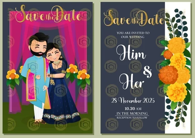 Wedding Card Invite With Cartoons And Floral Designs